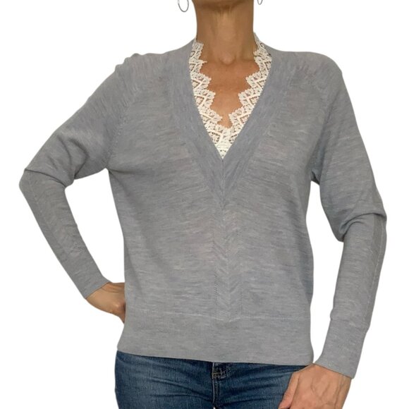 Rebecca Taylor Lace-Trimmed Wool Sweater XS Gray Long Sleeve V-Neck Quiet Luxury - Picture 1 of 15